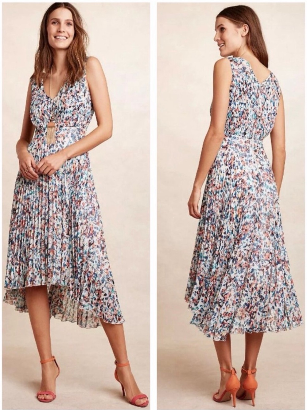 Anthropologie Floral Pleated V-Neck Midi Dress in Multicolor